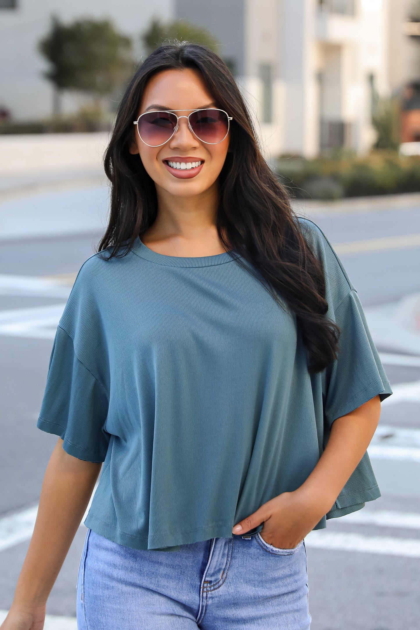 Catherine Teal Ribbed Knit Tee